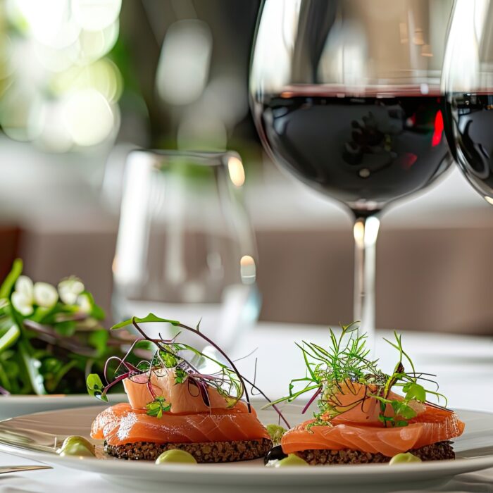 A close-up of a Carluccios restaurant table set with two glasses of red wine, a plate of smoked salmon on bread garnished with herbs, and a side salad, all on a white tablecloth within the inviting retail unit.