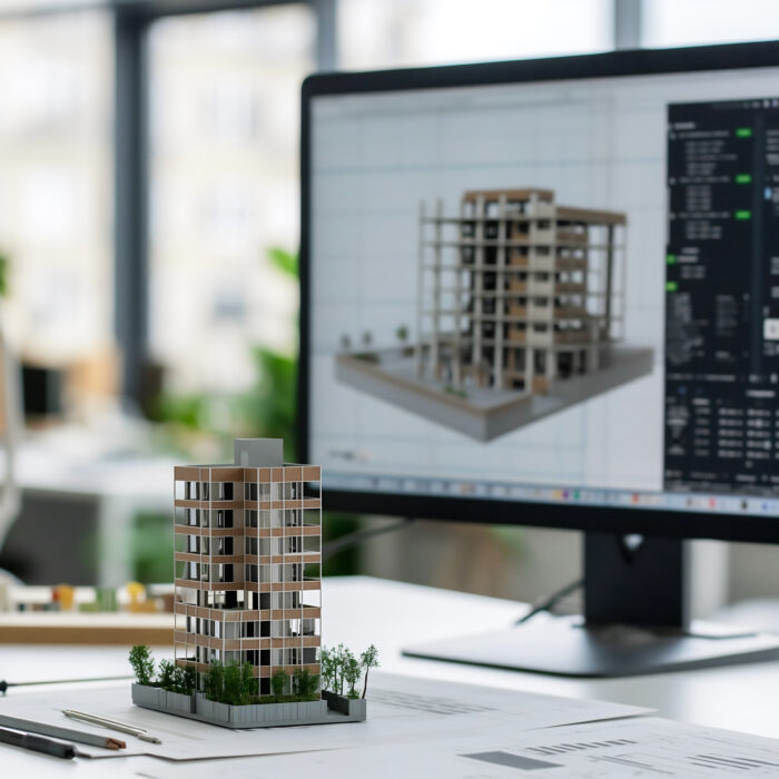 A modern office desk features a small architectural model of an apartment building in the foreground, while a computer monitor in the background displays a strategic digital 3D BIM model of a similar building.