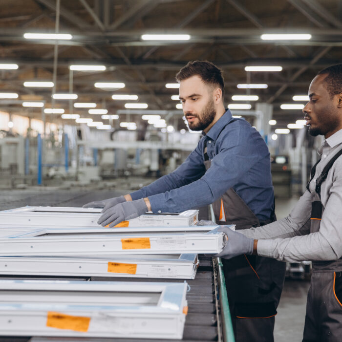 Two men in work uniforms and gloves inspect and stack metal window frames on a conveyor belt, demonstrating fabrication efficiency inside a large, well-lit factory that supports operations at a UK nuclear site.