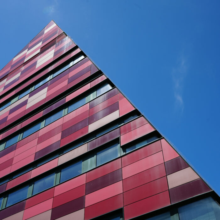 A modern mental health building with red and pink checkered panels, photographed from a low angle against a clear blue sky. The structure forms a sharp triangular point on the left side.
