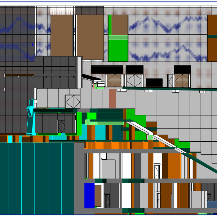 A top-down architectural floor plan with various colored sections, including green, blue, gray, brown, and orange areas—highlighting rooms, pathways, structural divisions, and the location of the Durward Street Shaft within the building.