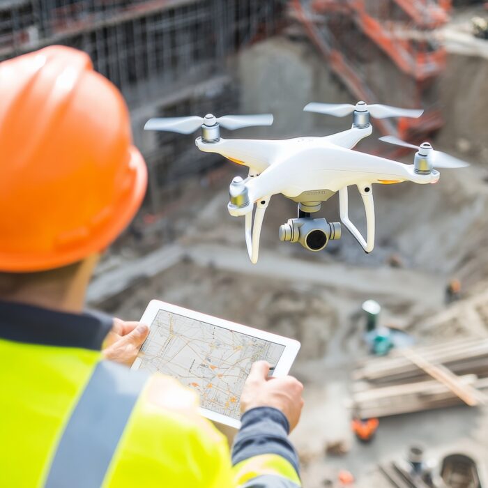 A person in a safety jacket and orange hard hat surveys a construction site, using a tablet to operate a drone for digital capture of the area with scaffolding, dirt, and building materials visible below.