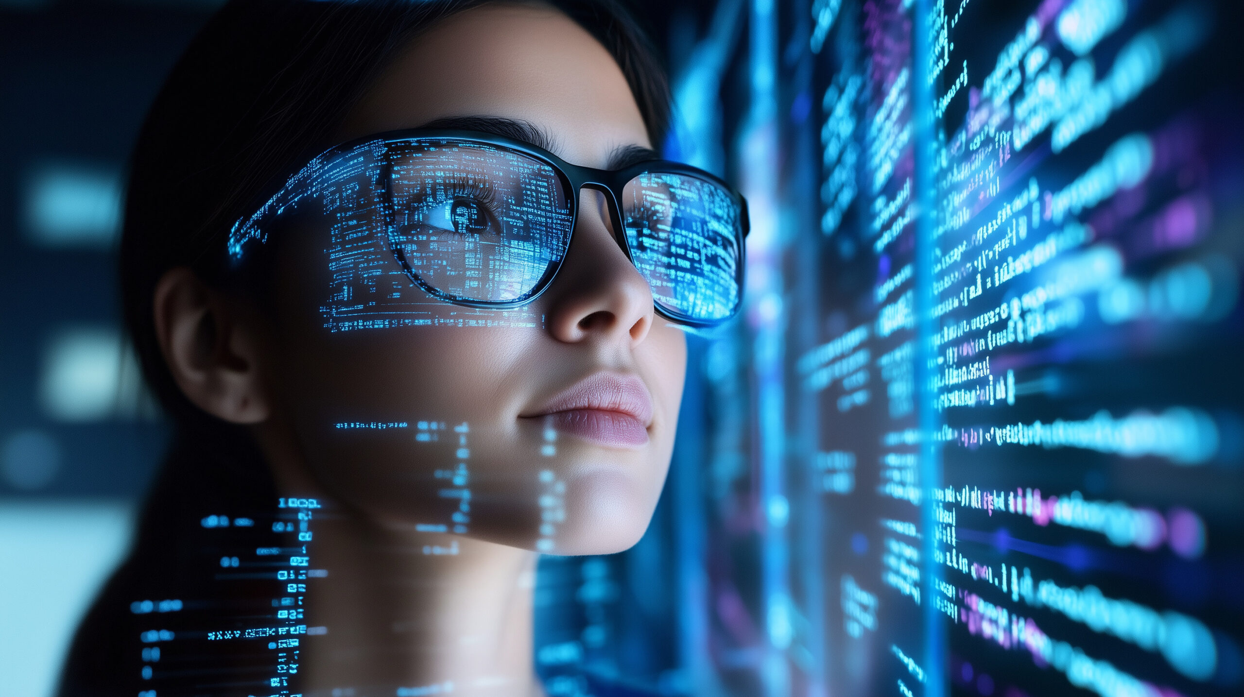 A woman wearing glasses looks intently at computer screens displaying glowing blue code and available data, reflecting technology and programming concepts.