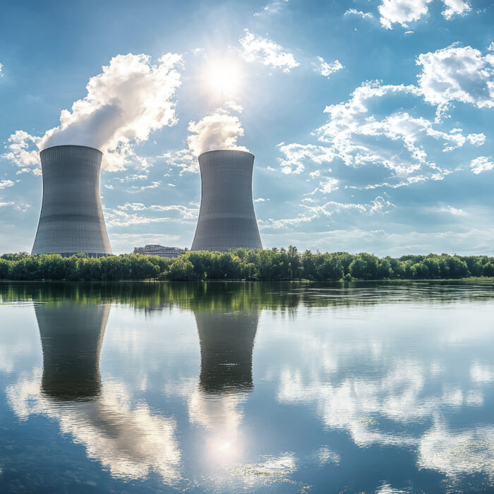 Two large cooling towers emitting steam rise above West Burton Power Station, reflected in a calm river. Green trees and grass surround the water, and the sky is bright with scattered clouds and sunlight.