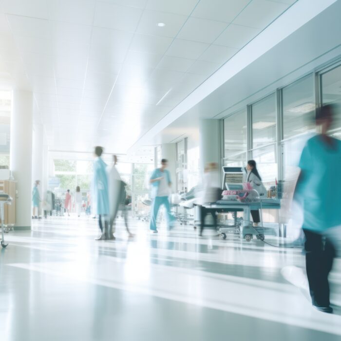 Bright, modern Circle Health Birmingham hospital hallway with medical staff and patients walking and working. The scene is busy, with sunlight streaming in through large windows reflecting off shiny floors. People appear slightly blurred due to motion.