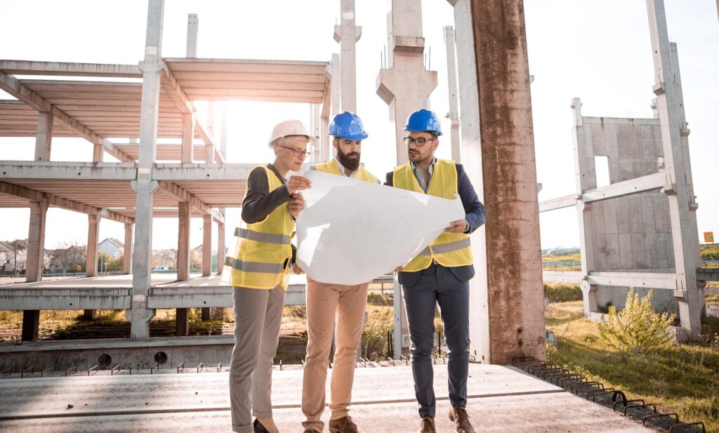Three construction workers in safety vests and helmets examine a blueprint for an energy-efficient data centre design at a building site. They stand on a concrete platform with a partially constructed structure in the background under a clear sky.