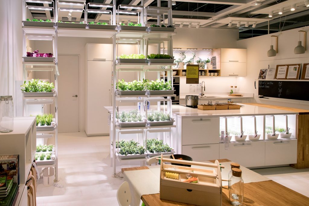 A modern kitchen with white cabinets and countertops features indoor vertical gardens, reflecting urban design services that promote healthier workplaces. Warm lighting and wood accents create a cozy atmosphere, with a dining table in the foreground.