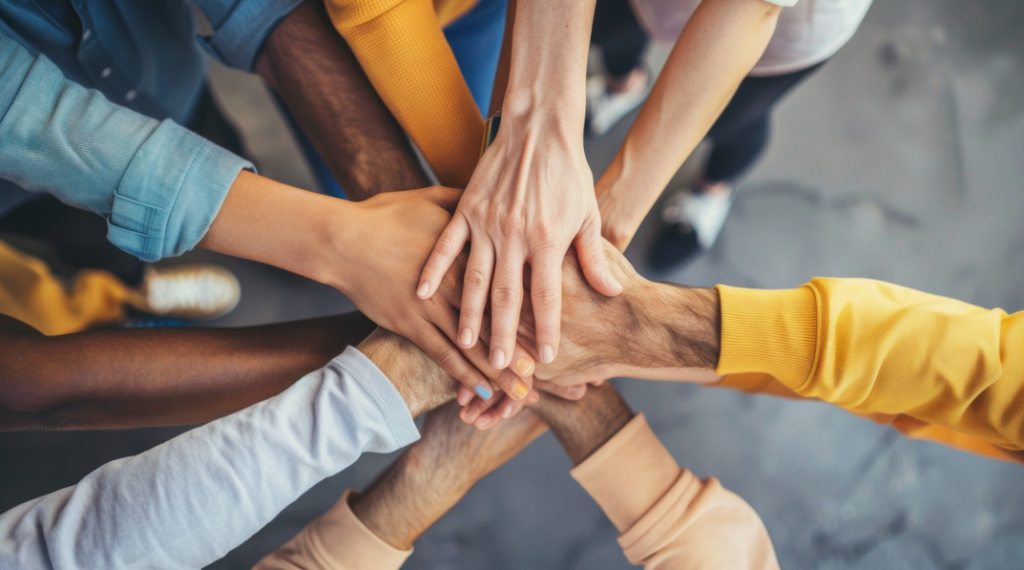 A group of diverse people standing in a circle stack their hands together in the center, symbolizing unity, teamwork, and collaboration to promote employee wellbeing and healthier workplaces.