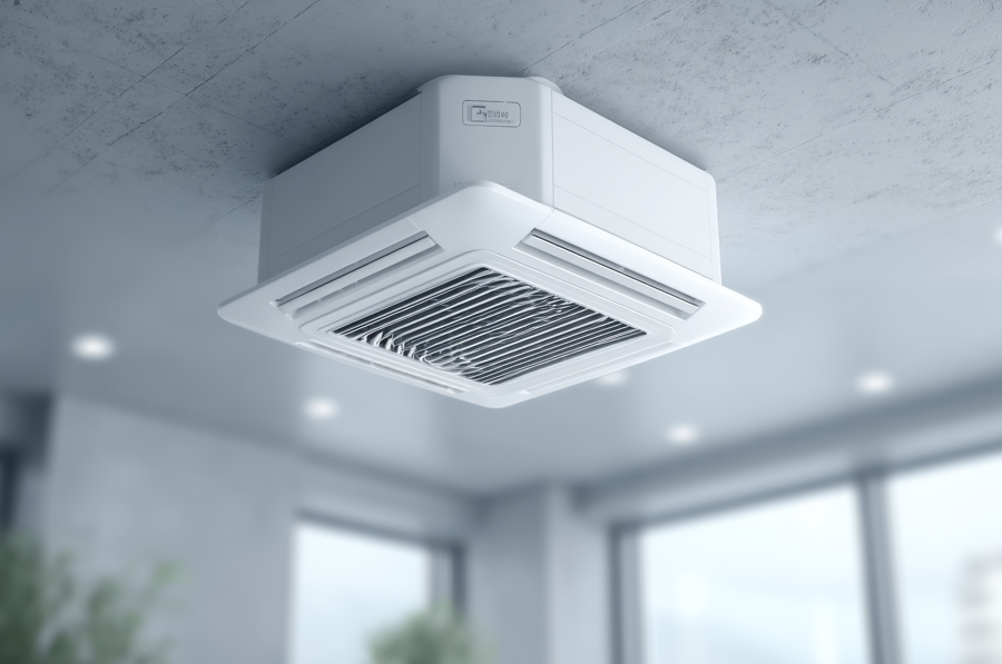 A white ceiling-mounted air conditioning unit is installed in a modern room with large windows and a gray ceiling, promoting workplace wellbeing. The background is slightly blurred.