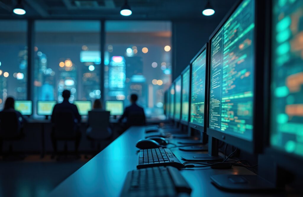 A modern office with rows of computer monitors displaying code, keyboards and mice on desks, and people working in the background. City lights and tall buildings are visible through large windows at night, hinting at work in aerospace and defence sectors.