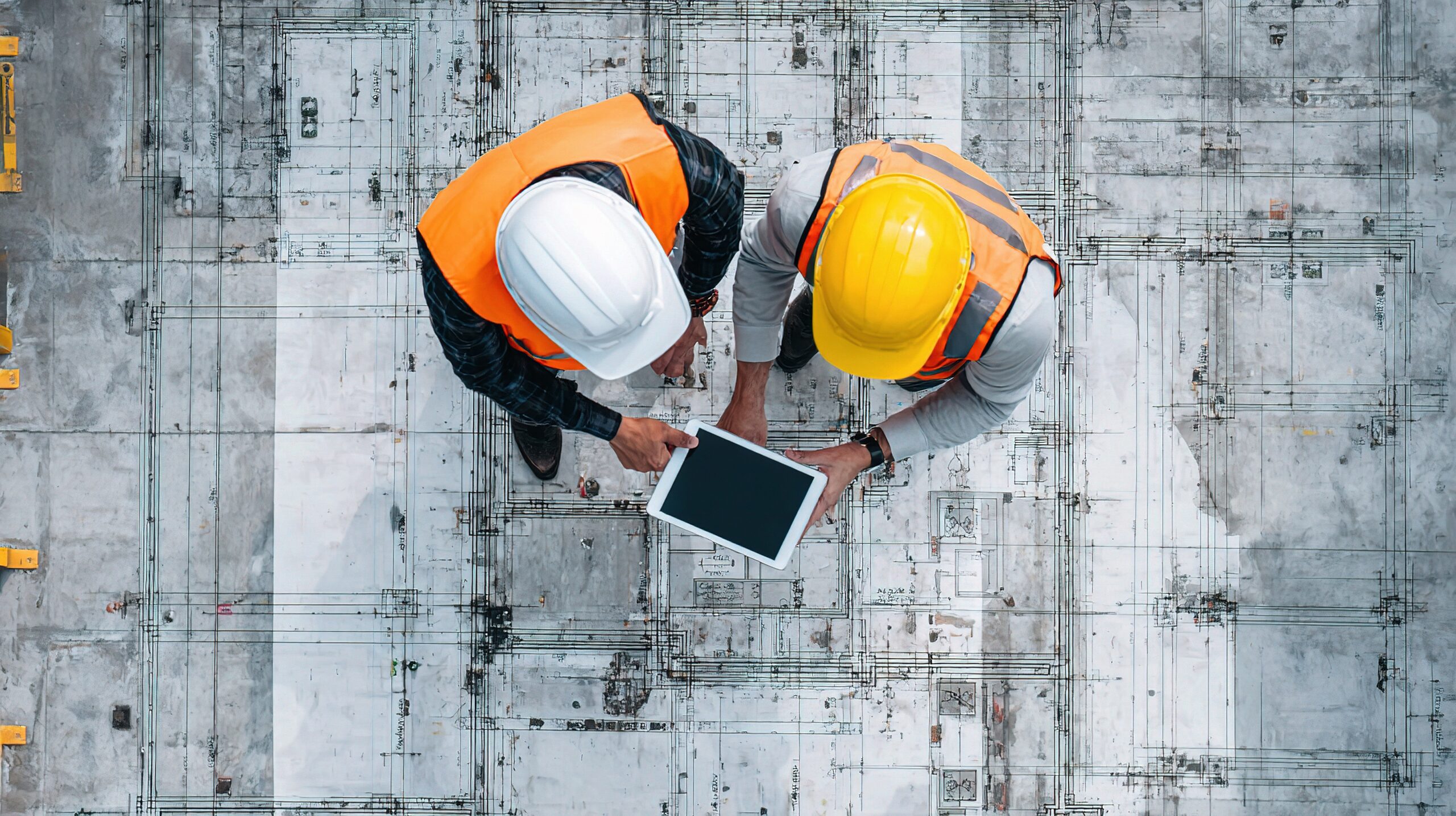 Two construction workers wearing safety vests and helmets stand on a construction site, looking at a tablet together, viewed from above. Blueprints and lines are visible on the ground beneath them, illustrating the benefits of BIM Consultancy.
