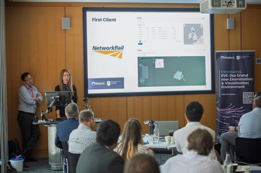 A woman speaks at a podium to an audience in a conference room at Nottingham Trent University, with "First Client Network Rail" and a map on the screen. A banner introduces the new EVE Demonstration and visualization environment. A man stands nearby.