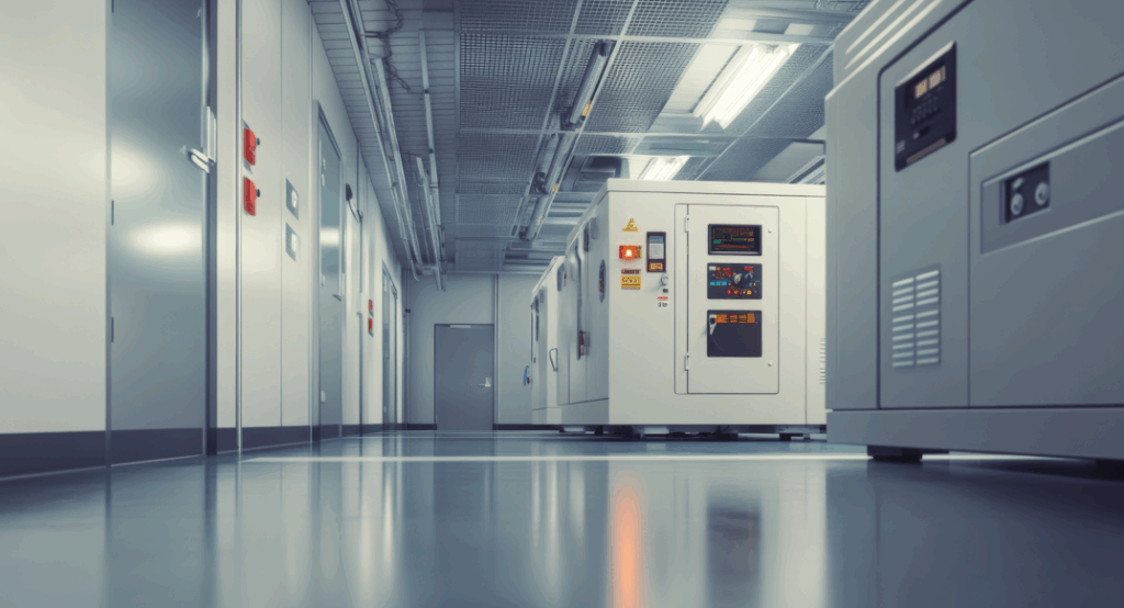 A clean, modern industrial hallway with large electrical control panels, bright overhead lighting, and reflective floors, conveying a high-tech, secure facility environment for compliance and stack emissions testing in the Oil & Gas Industry.