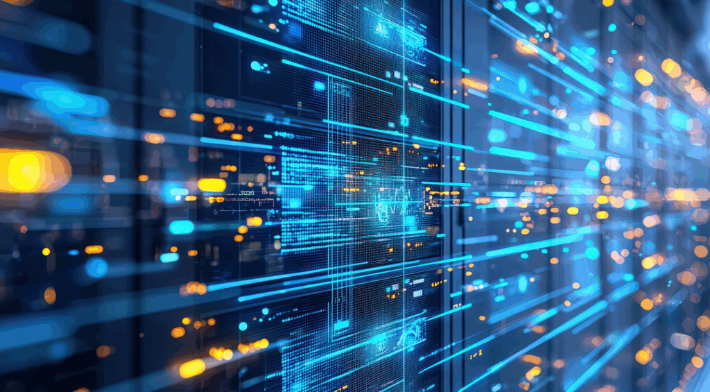 Close-up of a futuristic digital server room with glowing blue and orange lights, abstract lines, and data streams—ideal for illustrating advanced technology or Stack Emissions Testing compliance in the Oil & Gas Industry.