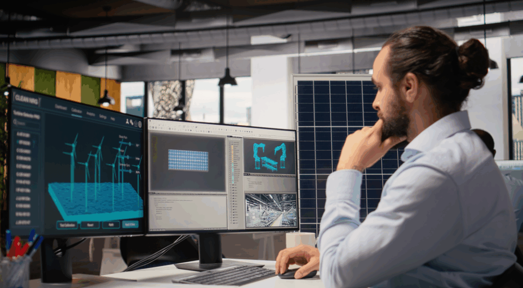 A man with a beard and a bun sits at a desk, looking at three computer monitors displaying wind turbine, solar panel designs, and stack emissions testing data. A solar panel stands on the desk in a modern office environment.