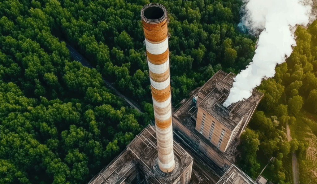 Aerial view of a tall industrial smokestack and factory emitting white smoke, surrounded by dense green forest—ideal for showcasing stack emissions testing in the oil & gas industry.