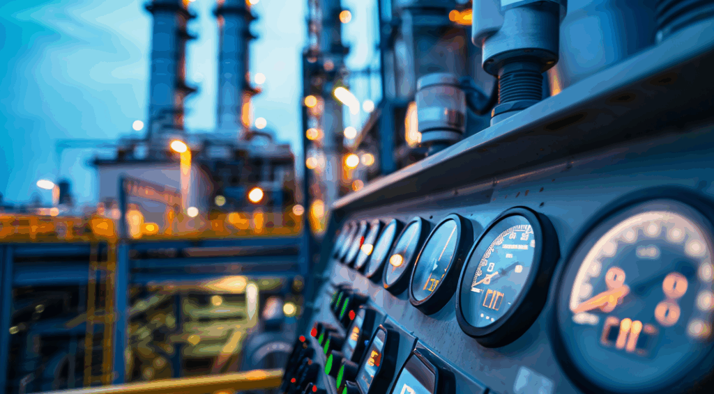 A close-up of industrial control gauges and dials in a refinery highlights the importance of compliance in the oil and gas industry, with large pipes and towers blurred in the background, illuminated by evening lights.