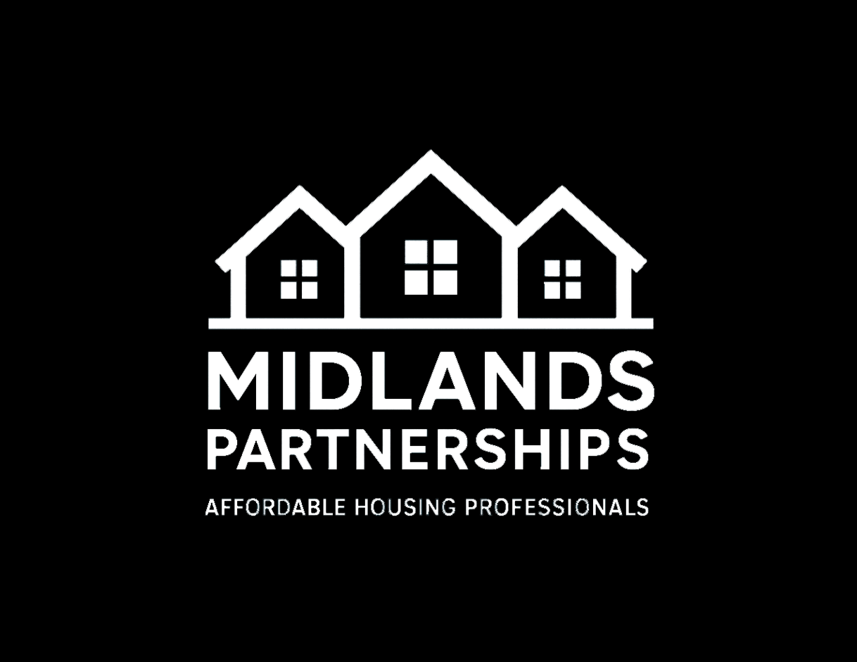 Logo for Midlands Partnerships, industry leaders in affordable housing, showing three white house silhouettes with windows on a black background. Below, the text reads: "MIDLANDS PARTNERSHIPS" and "AFFORDABLE HOUSING PROFESSIONALS.
