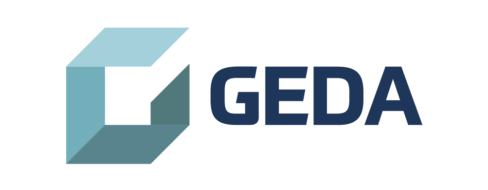 The image shows the GEDA logo with a stylized blue geometric shape resembling an open cube next to the word "GEDA" in bold, dark blue capital letters, highlighting their work in housing regeneration across North West Leicestershire.