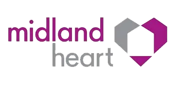 Logo for Midland Heart featuring the words "midland heart" in purple and grey lowercase letters, with a geometric heart shape on the right formed from grey and purple segments, reflecting their commitment to housing regeneration.